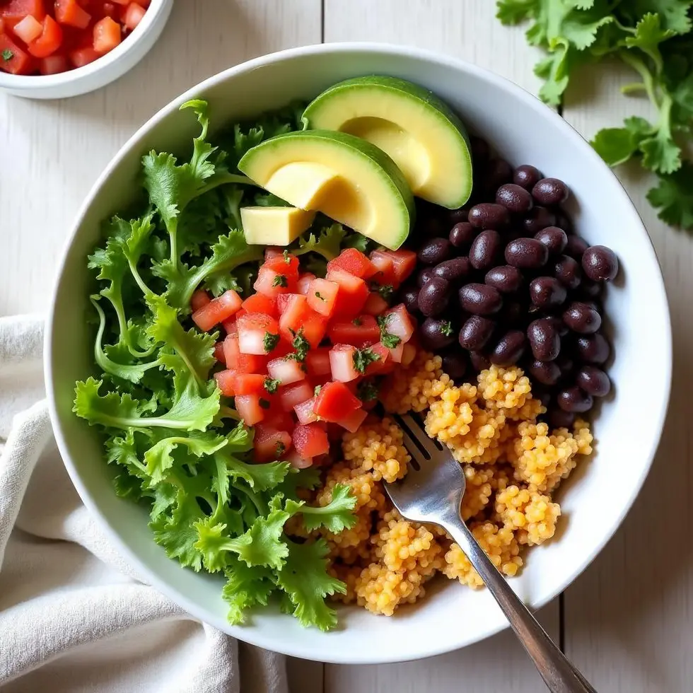 Mixed burrito bowl with chicken, rice, beans, and fresh toppings ready to eat