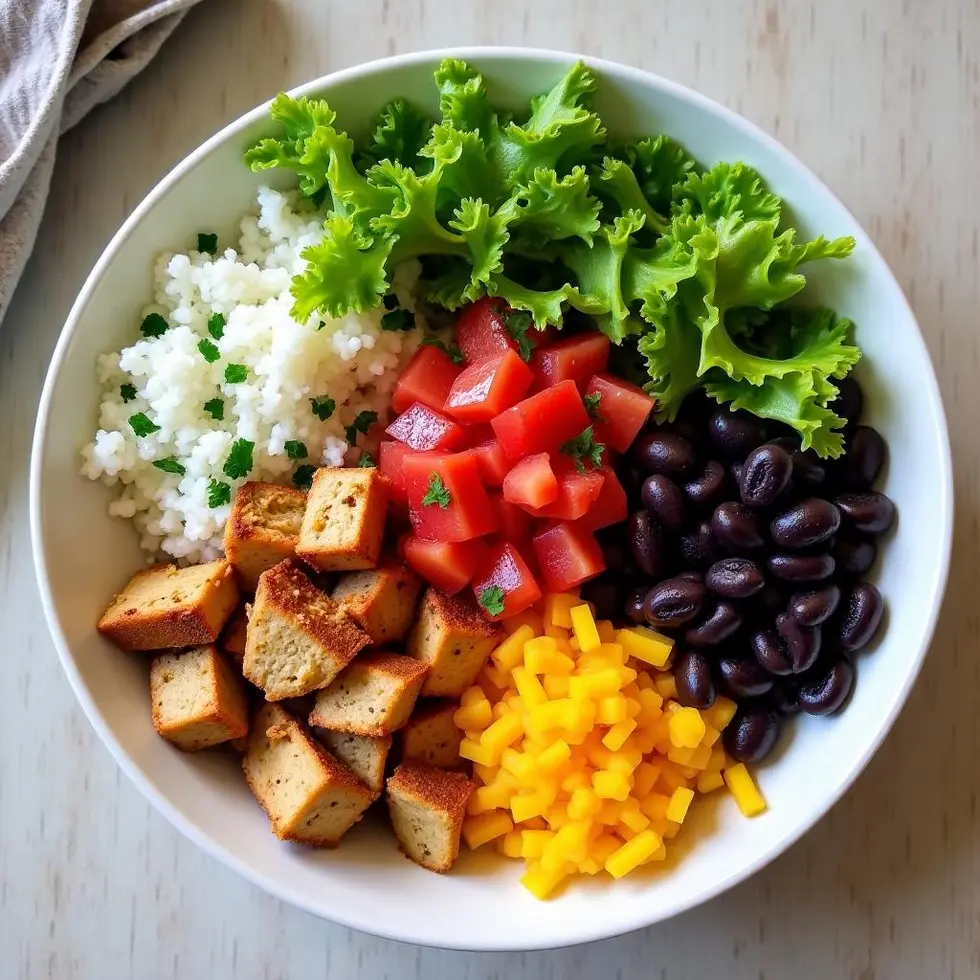 Copycat Chipotle bowl with seasoned chicken, cilantro lime rice, black beans, pico de gallo, and lettuce in a white bowl