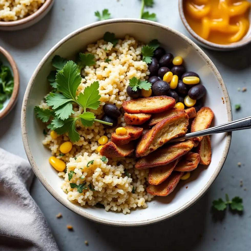 Burrito bowl with components partially mixed, fork resting in the dish
