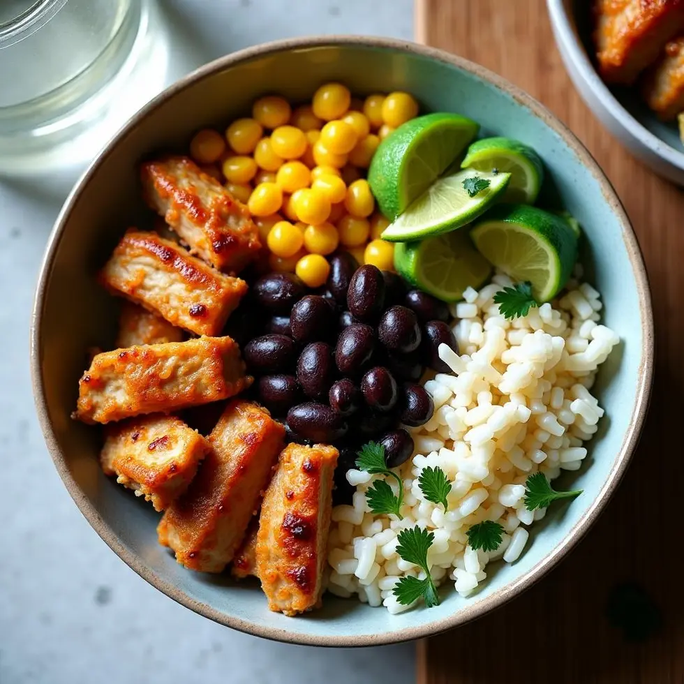 Chipotle chicken bowl with separated sections of cilantro lime rice, sliced chicken, corn, black beans, and cheese — copycat chipotle chicken bowl