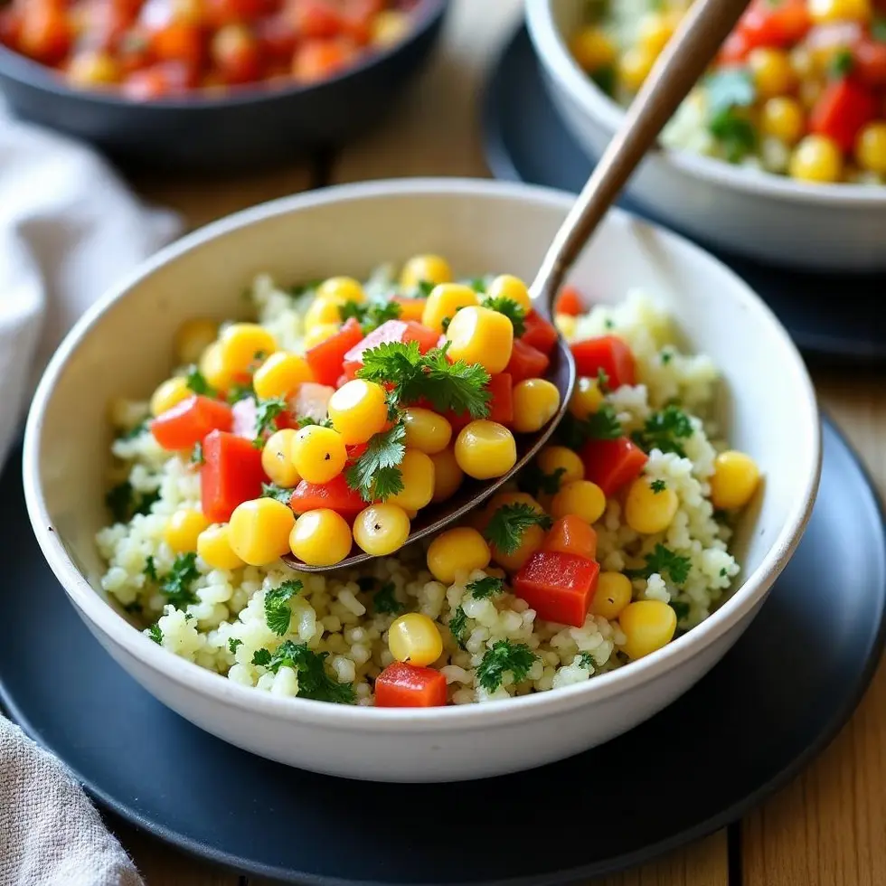 Fresh corn salsa spooned over rice in a burrito bowl, ready to serve