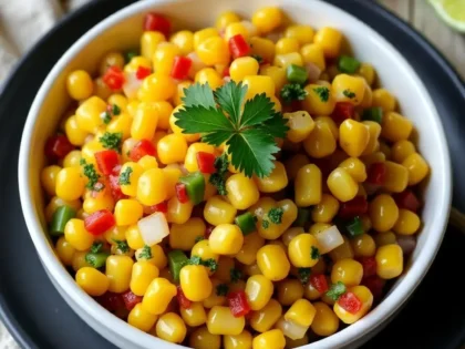 Chipotle corn salsa in a white bowl with lime juice, showing corn, red onion, jalapeño, and cilantro
