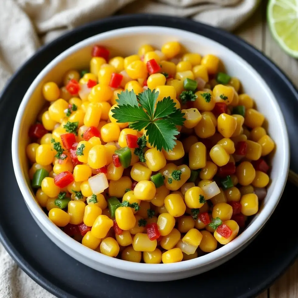 Chipotle corn salsa in a white bowl with lime juice, showing corn, red onion, jalapeño, and cilantro — copycat chipotle corn salsa