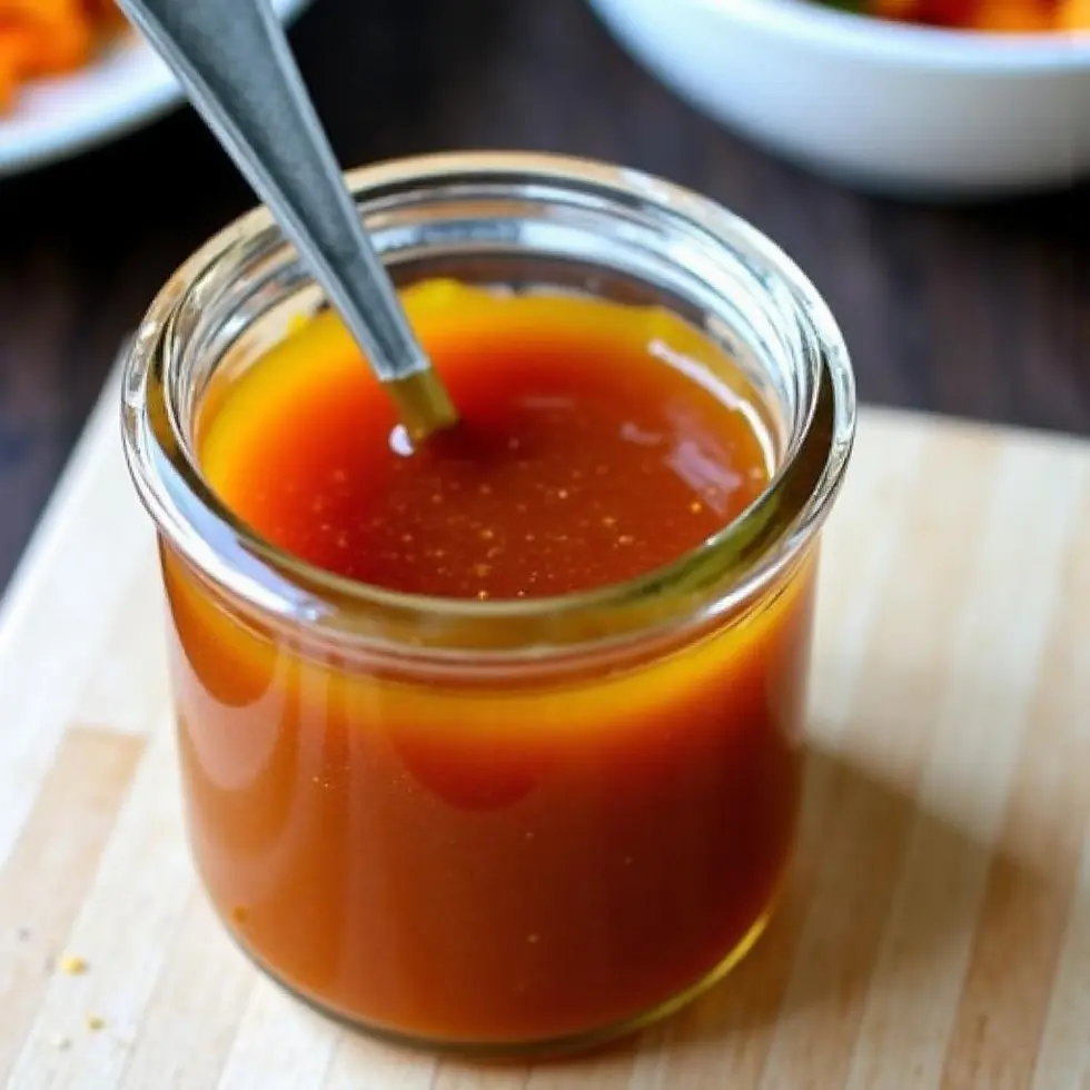 Finished copycat chipotle honey vinaigrette plated in a serving dish on a kitchen table