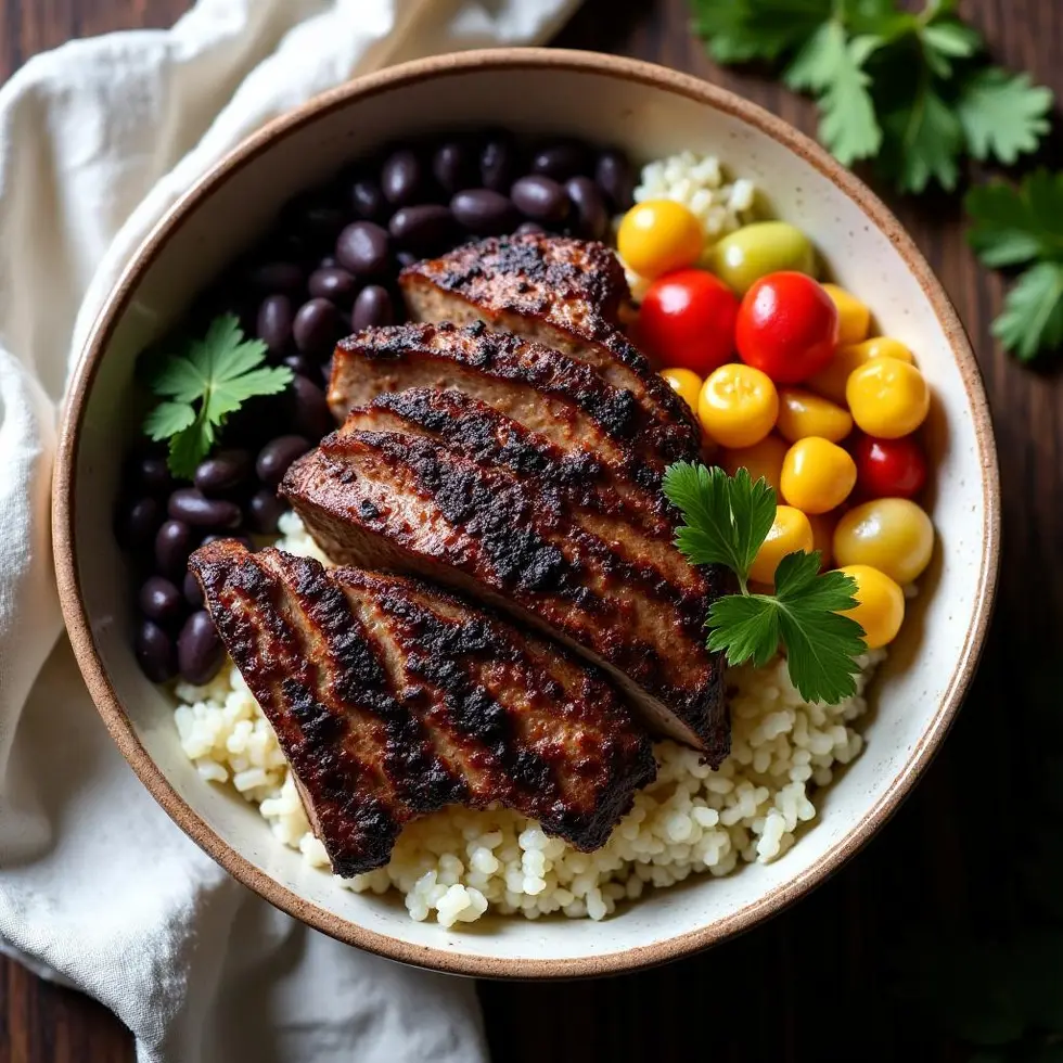 Overhead view of steak burrito bowl with charred beef slices and rice