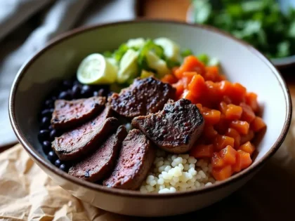 Chipotle steak bowl with charred sliced beef over rice and black beans in a ceramic bowl