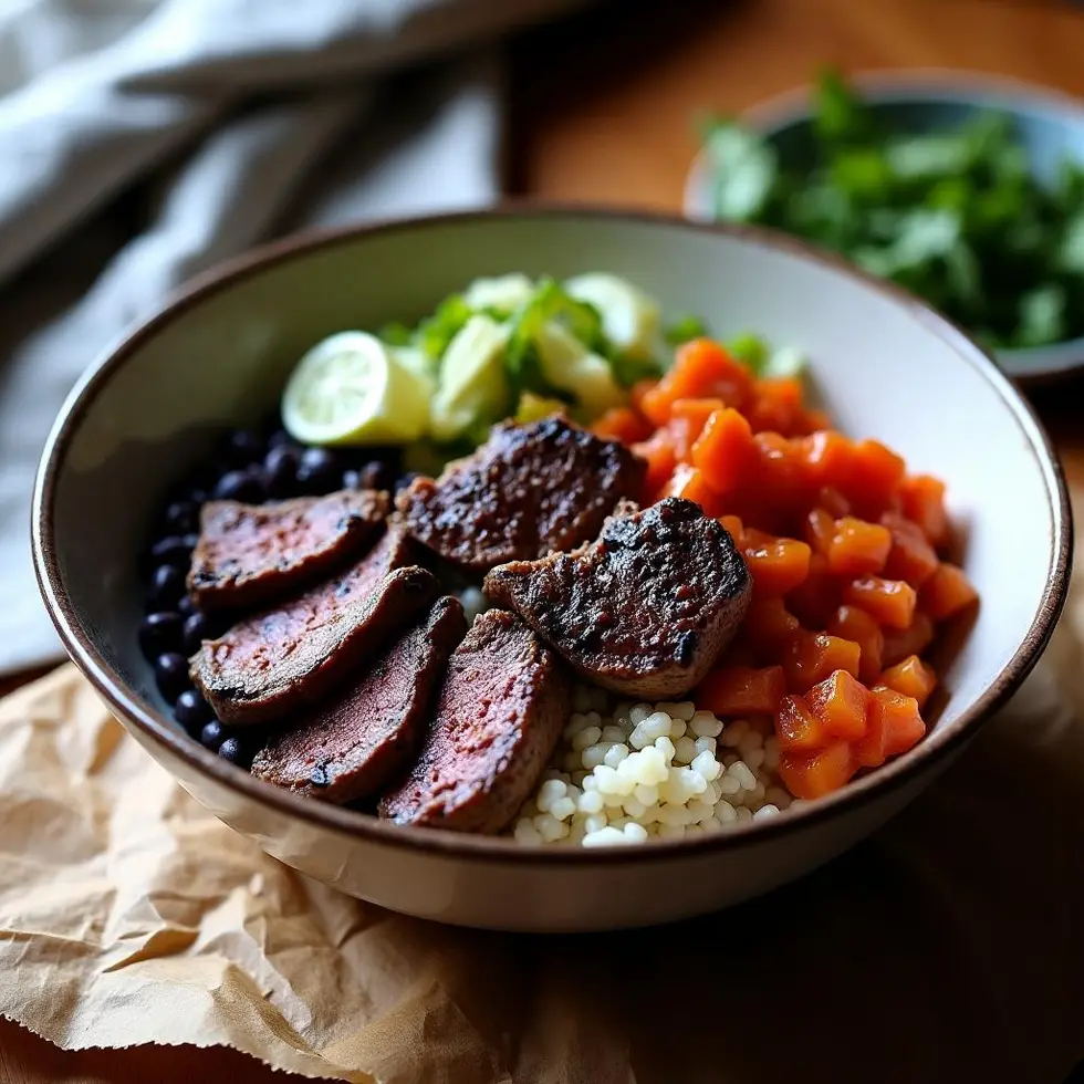 Chipotle steak bowl with charred sliced beef over rice and black beans in a ceramic bowl — copycat chipotle steak