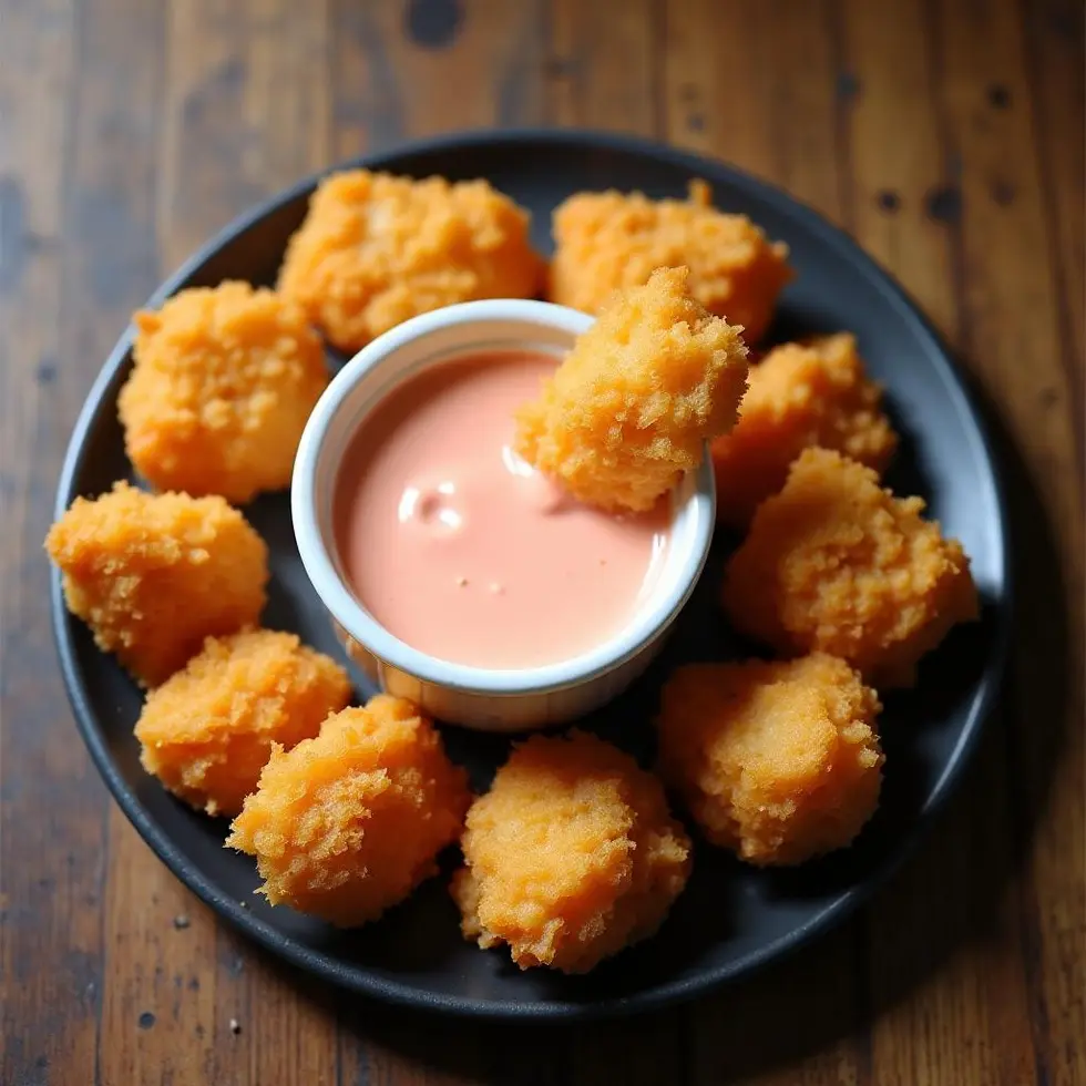 Fry sauce in a ramekin surrounded by crispy fries and breaded chicken bites, overhead view