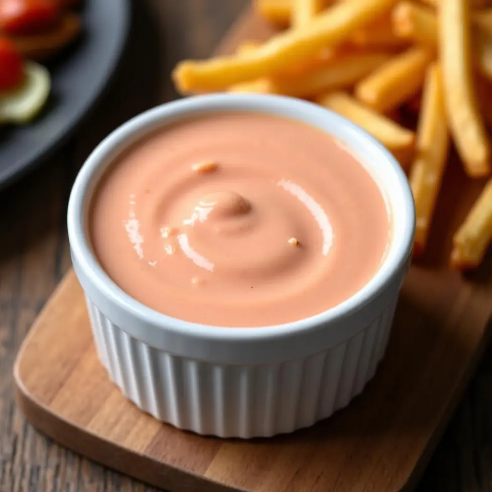 Pale coral pink fry sauce with pickle relish flecks in a white ramekin on a wooden board — copycat freddy's fry sauce