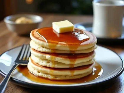 Stack of three fluffy golden brown pancakes with melted butter and syrup on a white plate