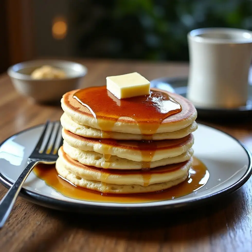 Stack of three fluffy golden brown pancakes with melted butter and syrup on a white plate