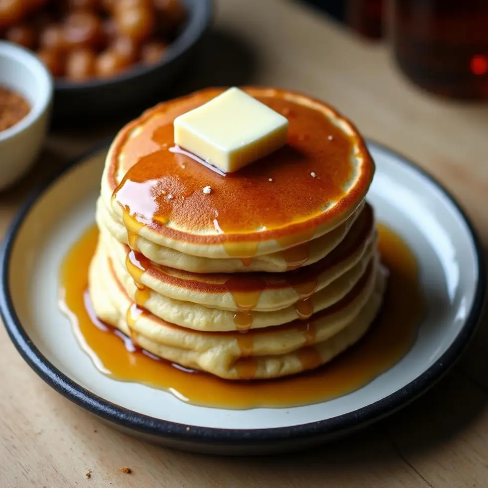Stack of fluffy golden brown pancakes with melted butter and maple syrup on a white plate