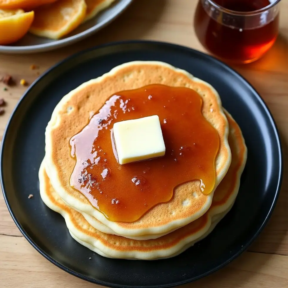 Single golden pancake with butter and syrup drizzle photographed from above