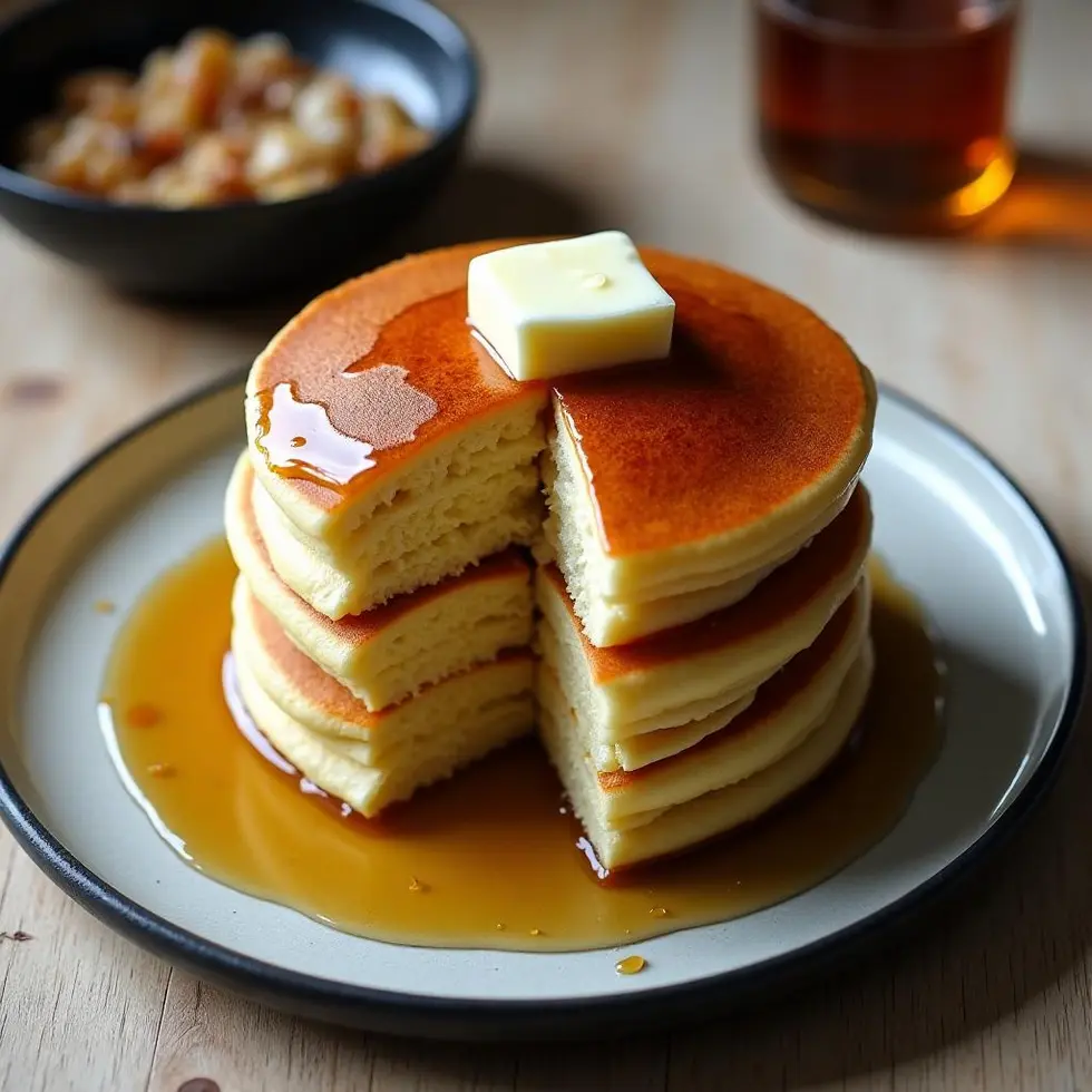 Thick pancake batter being poured onto a hot griddle with bubbles forming on the cooking surface