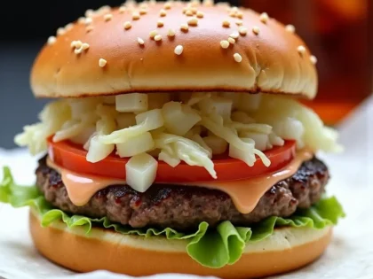 Copycat In-N-Out burger with melted cheese, shredded lettuce, and creamy sauce on a white plate