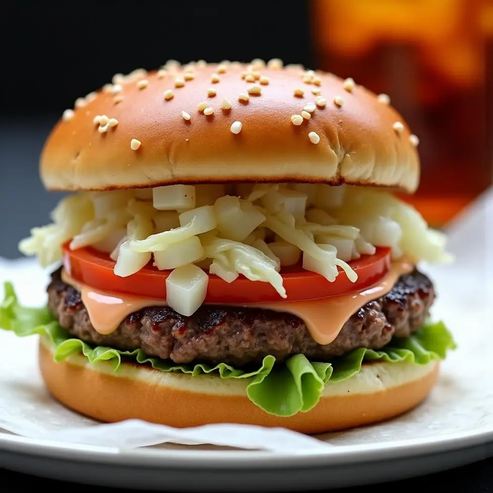 Copycat In-N-Out burger with melted cheese, shredded lettuce, and creamy sauce on a white plate