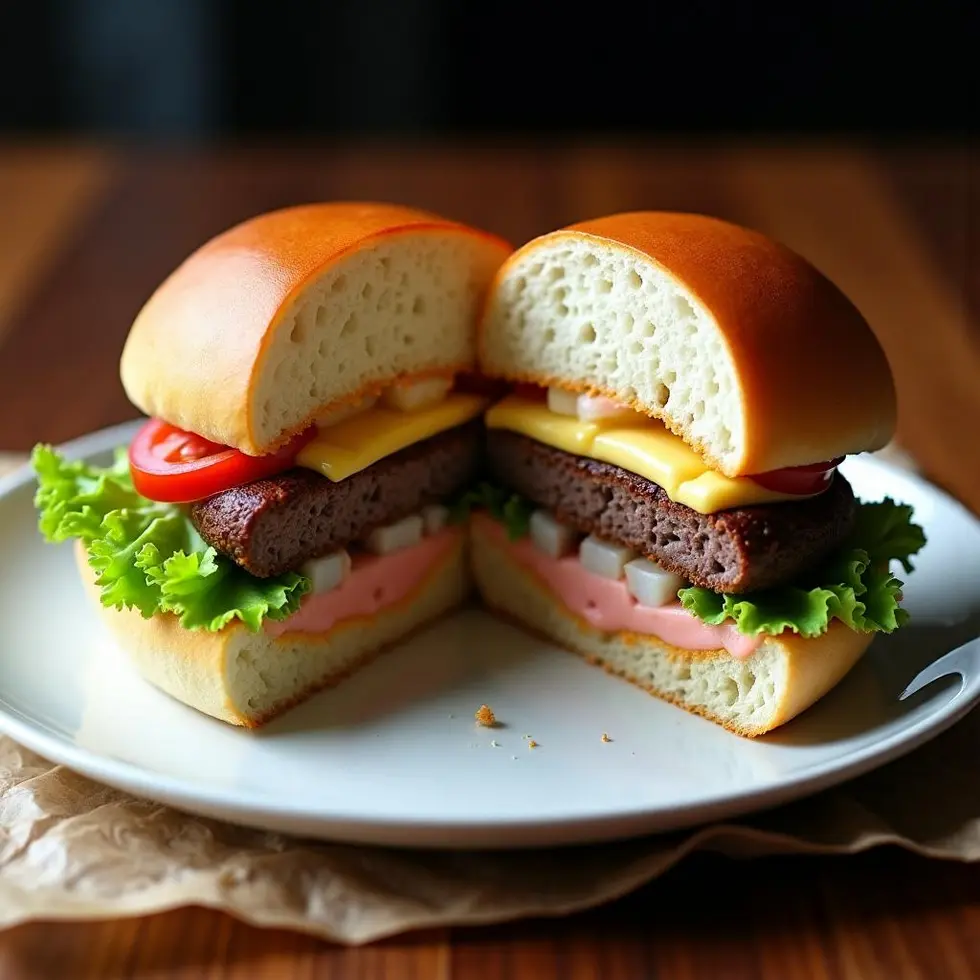 Burger cut in half showing layers of beef patty, melted cheese, lettuce, and sauce inside toasted bun
