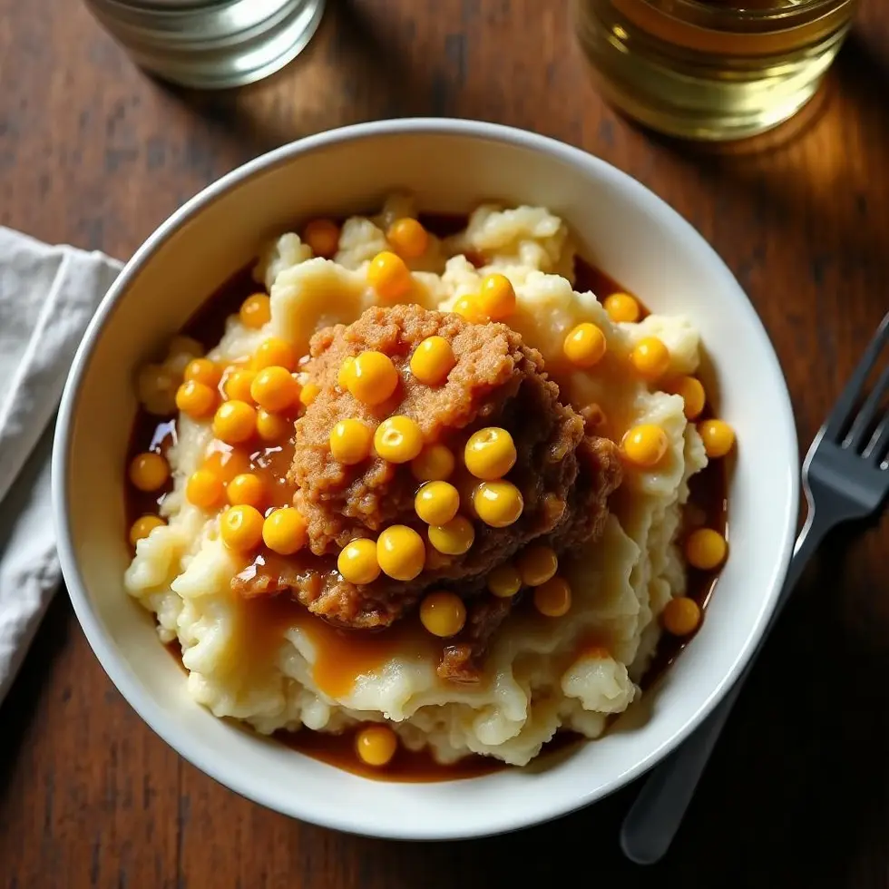 Overhead view of loaded potato bowl with all components visible and gravy drizzled on top