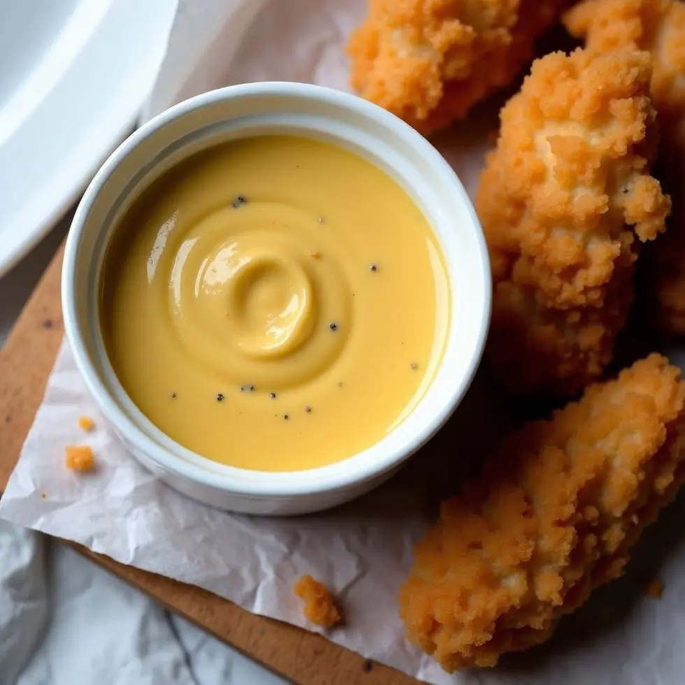 Creamy golden honey mustard sauce in a white ramekin with crispy chicken tenders on a wooden board