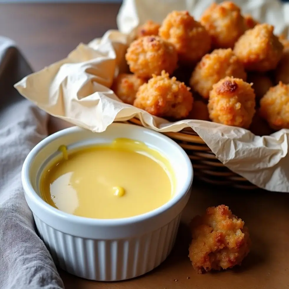 White ramekin of honey mustard beside a basket of golden chicken nuggets, one piece dipped in sauce