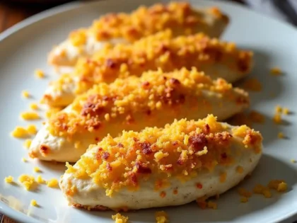 Golden Parmesan crusted chicken breasts with creamy ranch topping on a white plate
