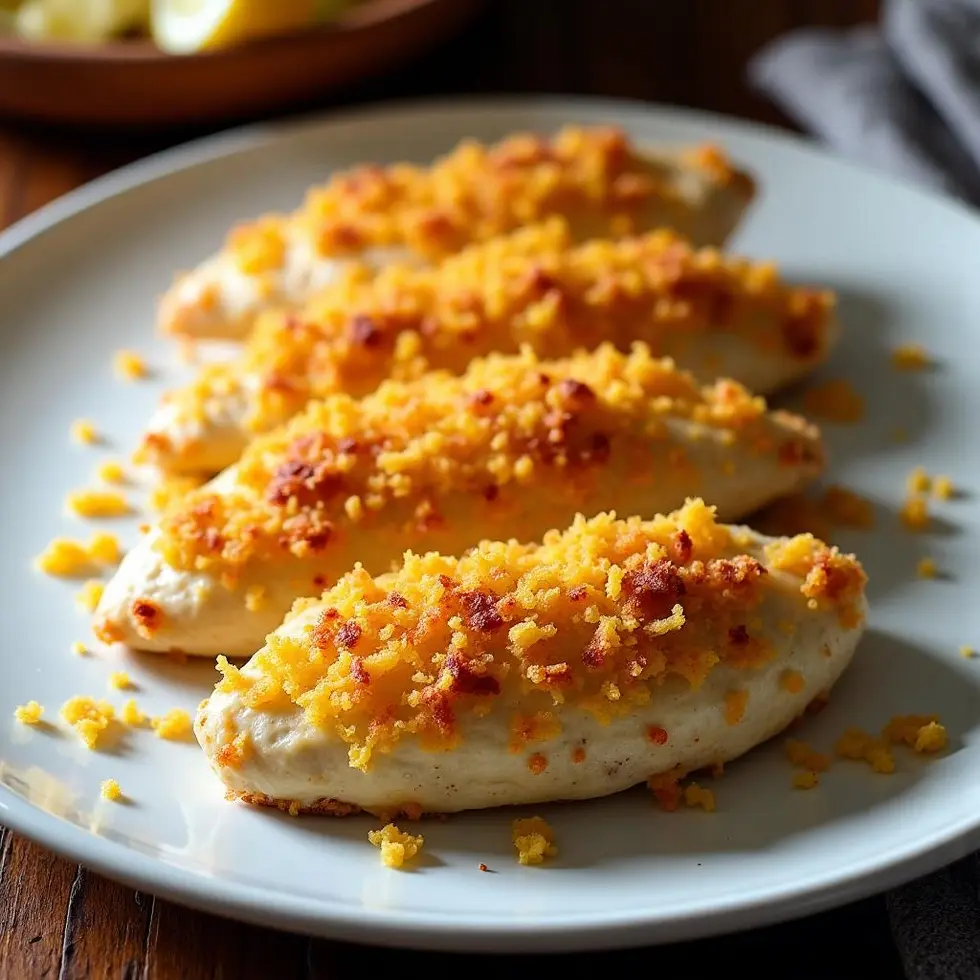 Golden Parmesan crusted chicken breasts with creamy ranch topping on a white plate — copycat longhorn parmesan crusted chicken