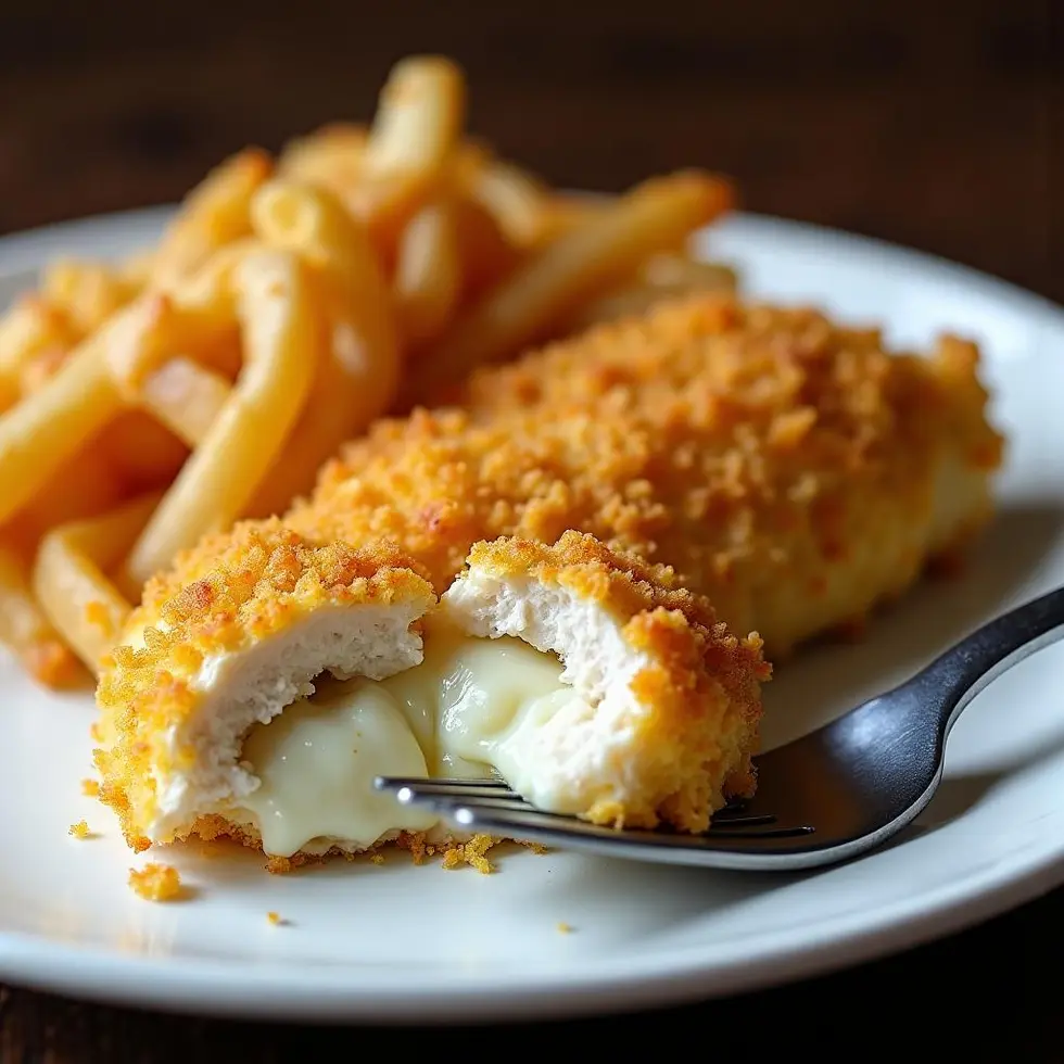 Sliced chicken breast showing juicy interior beneath the golden Parmesan crust