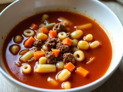 Copycat Olive Garden pasta fagioli in a white bowl with pasta, beans, and vegetables in tomato broth