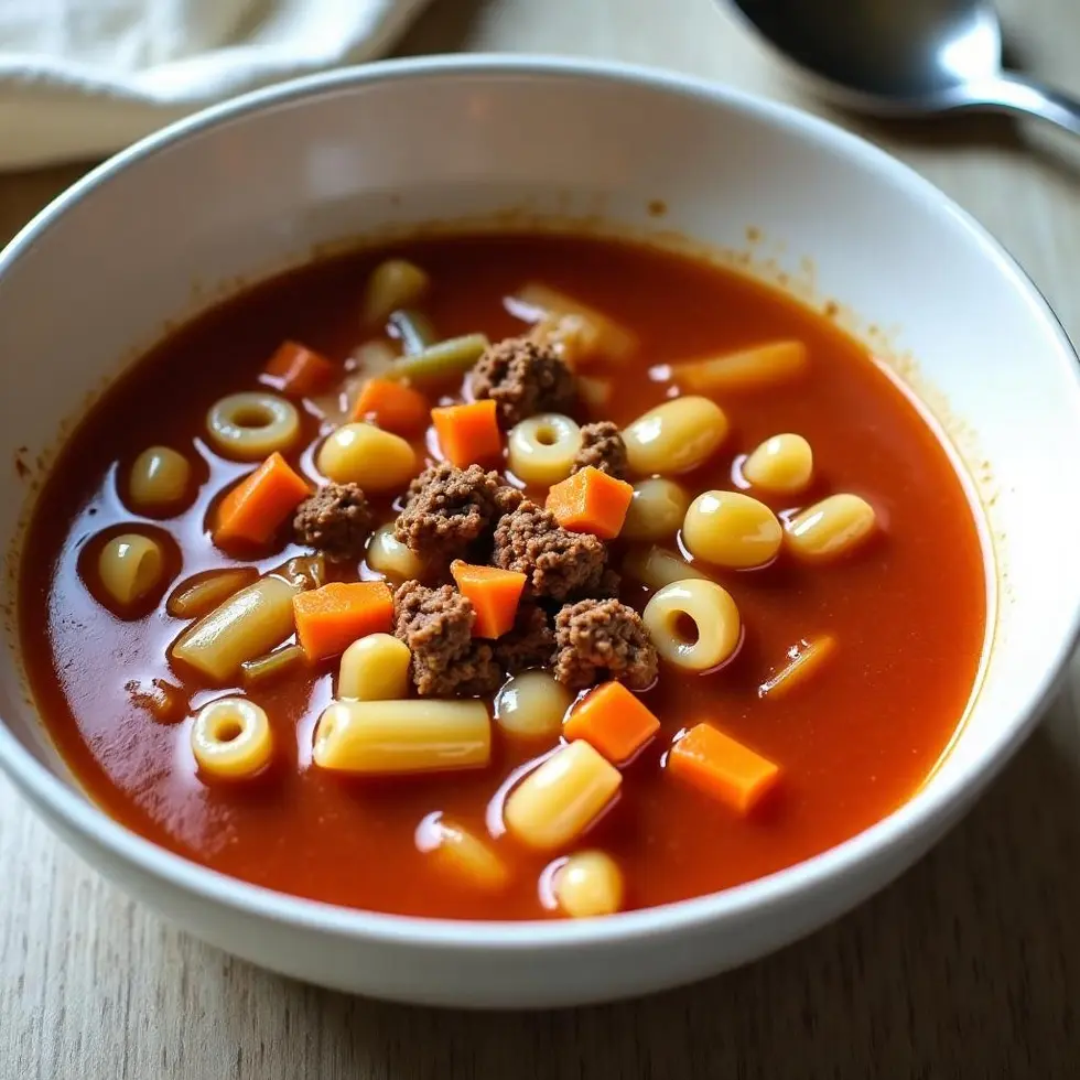 Copycat Olive Garden pasta fagioli in a white bowl with pasta, beans, and vegetables in tomato broth