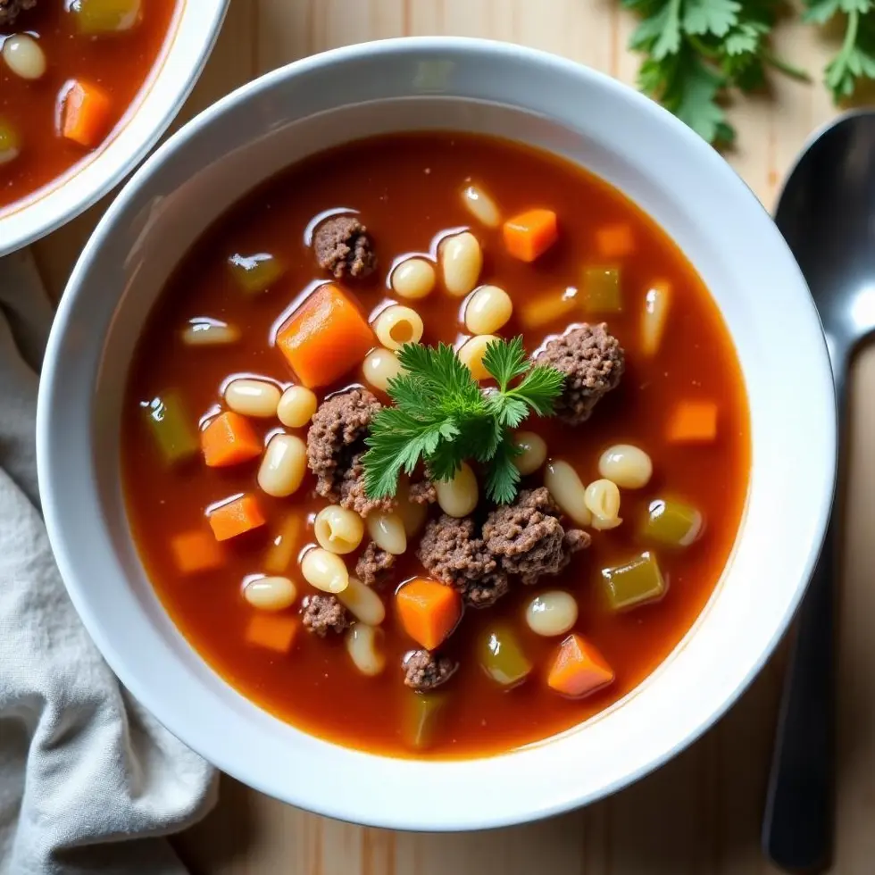 Overhead view of pasta fagioli soup showing ditalini, beans, and diced vegetables in broth