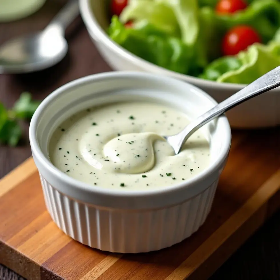 White ramekin of herby ranch dressing served alongside fresh romaine salad in shallow bowl