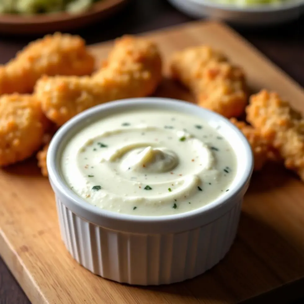 Creamy ranch dressing with herb flecks in white ramekin beside golden chicken tenders on wooden board — copycat outback ranch