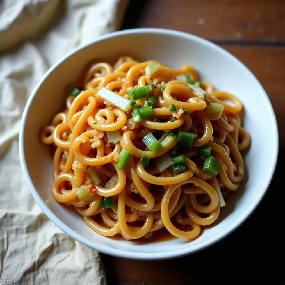 Close-up of glossy chow mein noodles with chopsticks resting on the bowl