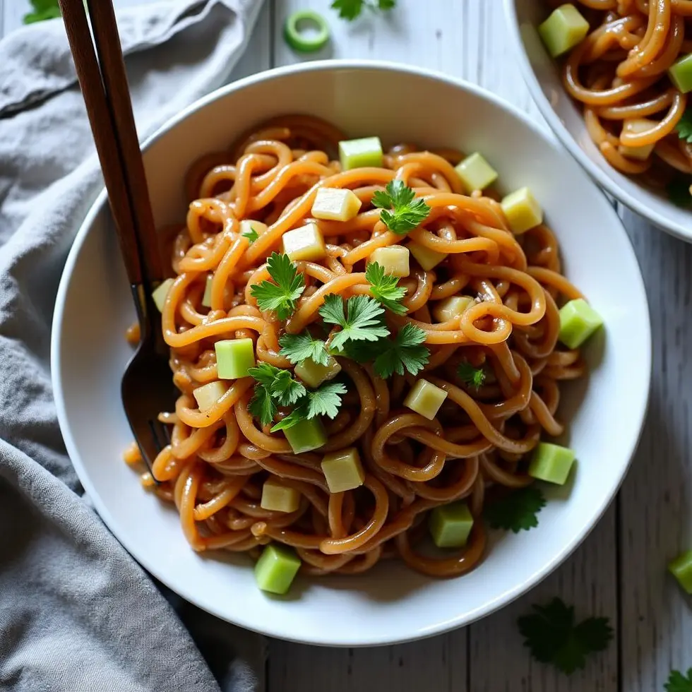 Chow mein served in a white bowl with chopsticks on a wooden table