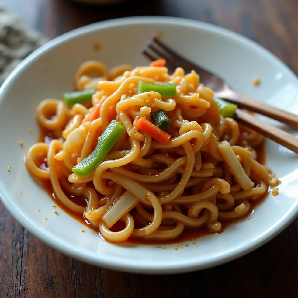 Noodles and vegetables being tossed together in a wok with glossy sauce