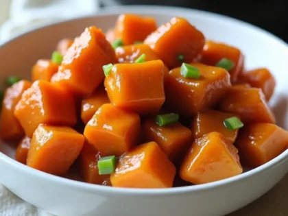 Crispy orange chicken with glossy sauce in a white bowl on a wooden table