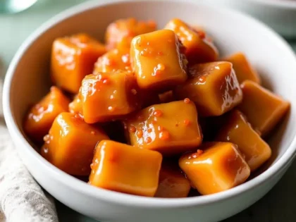 Crispy orange chicken pieces coated in glossy sauce in a white bowl on a wooden table