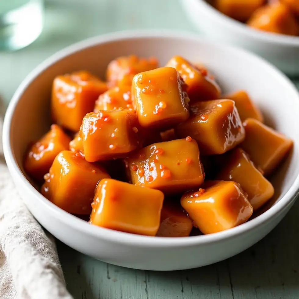 Crispy orange chicken pieces coated in glossy sauce in a white bowl on a wooden table — copycat panda express orange chicken recipe