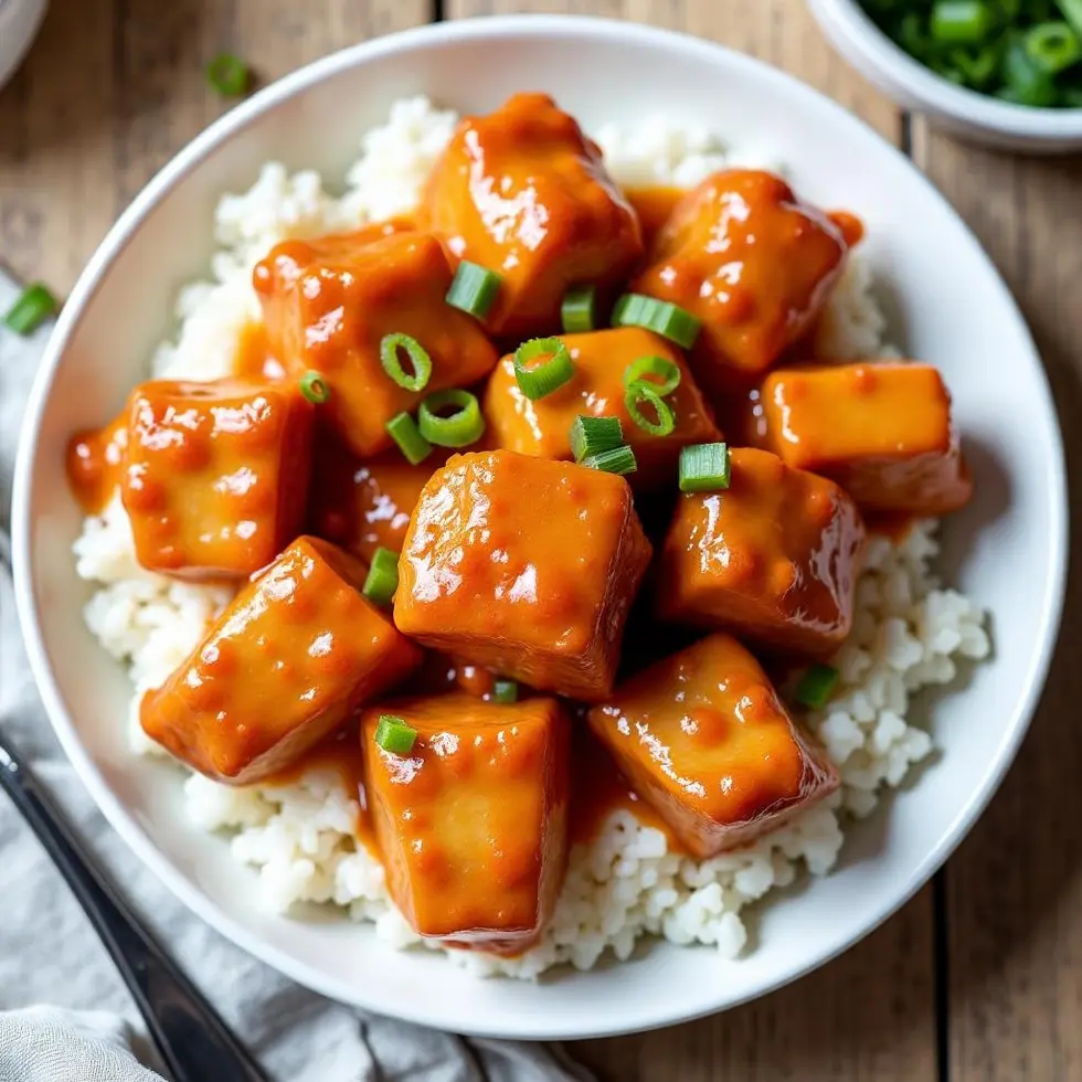 Orange chicken served over white rice with sauce pooling around the base