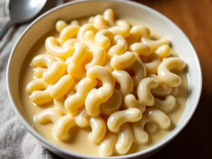Creamy white cheddar mac and cheese in a shallow bowl with elbow macaroni coated in glossy sauce