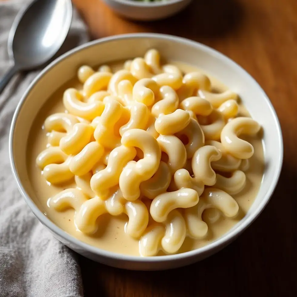 Creamy white cheddar mac and cheese in a shallow bowl with elbow macaroni coated in glossy sauce