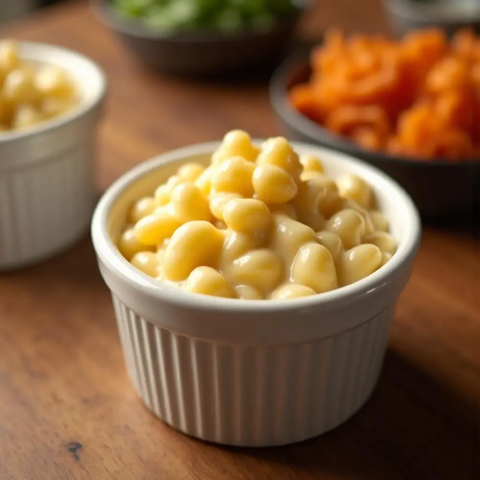 Individual serving of mac and cheese in a ceramic ramekin on wooden table