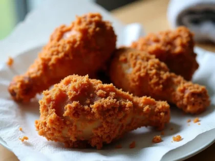 Golden-brown fried chicken with thick crispy coating on a white plate