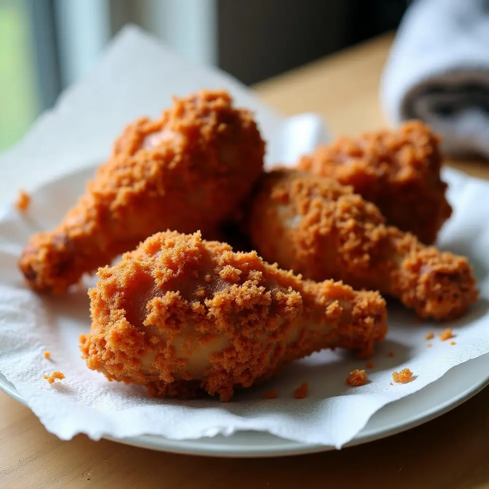 Golden-brown fried chicken with thick crispy coating on a white plate