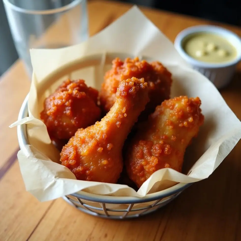 Crispy fried chicken pieces served in a paper-lined basket with dipping sauce