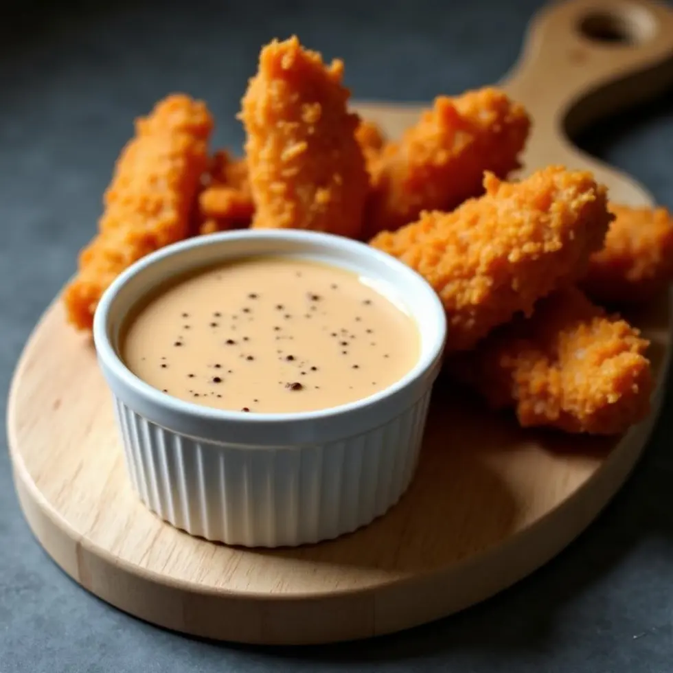 Blackened ranch sauce in a white ramekin with chicken tenders and fries on a wooden board