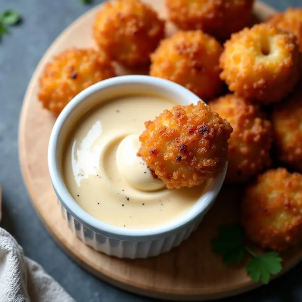 Chicken nuggets arranged around a ramekin of creamy blackened ranch dipping sauce