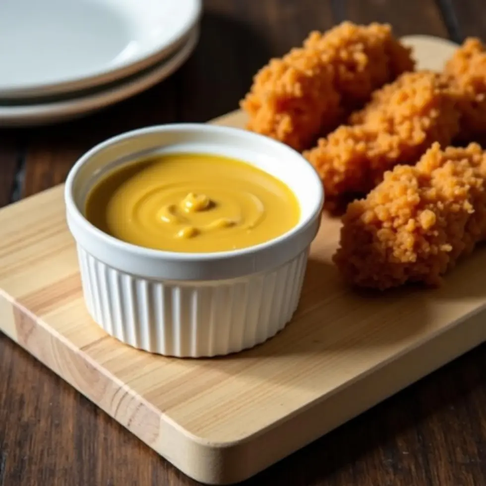 Honey mustard sauce in white ramekin with crispy chicken tenders on wooden board