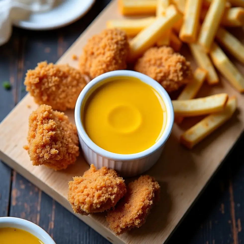 Dipping sauce served with golden chicken tenders and fries on casual plate