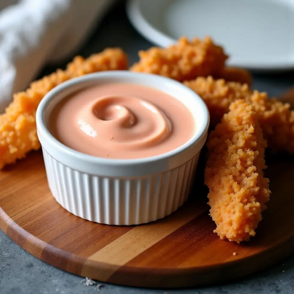 Pale pink creamy Cane's copycat sauce in white ramekin with crispy chicken tenders on wooden board — copycat raising cane's sauce recipe